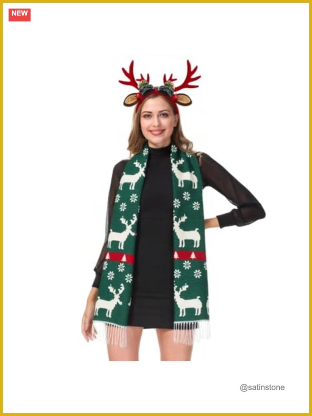 Soft Cashmere Feel Christmas Scarf with Reindeer Snowflake, Long Winter Shawl